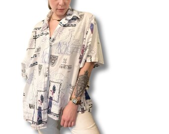 Vintage 90s Funky Abstract Print Button-Down Short Sleeve Shirt. Made in USA. Unisex, Oversized, AOP Statement Top.