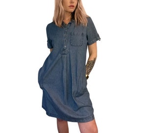 VTG 90s Shift Denim Dress w/ Pockets! 1990s Jean/Chambray Casual Mini