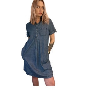 VTG 90s Shift Denim Dress w/ Pockets! 1990s Jean/Chambray Casual Mini