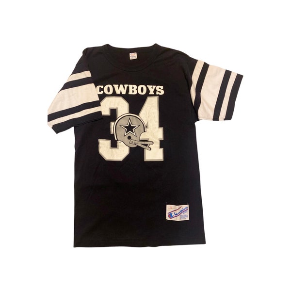 Vintage Dallas Cowboys Ringer Tee. 80s Champion Striped Sleeve T-Shirt. Made in the USA.  Single Stitch. Hershel Walker NFL Jersey T-Shirt