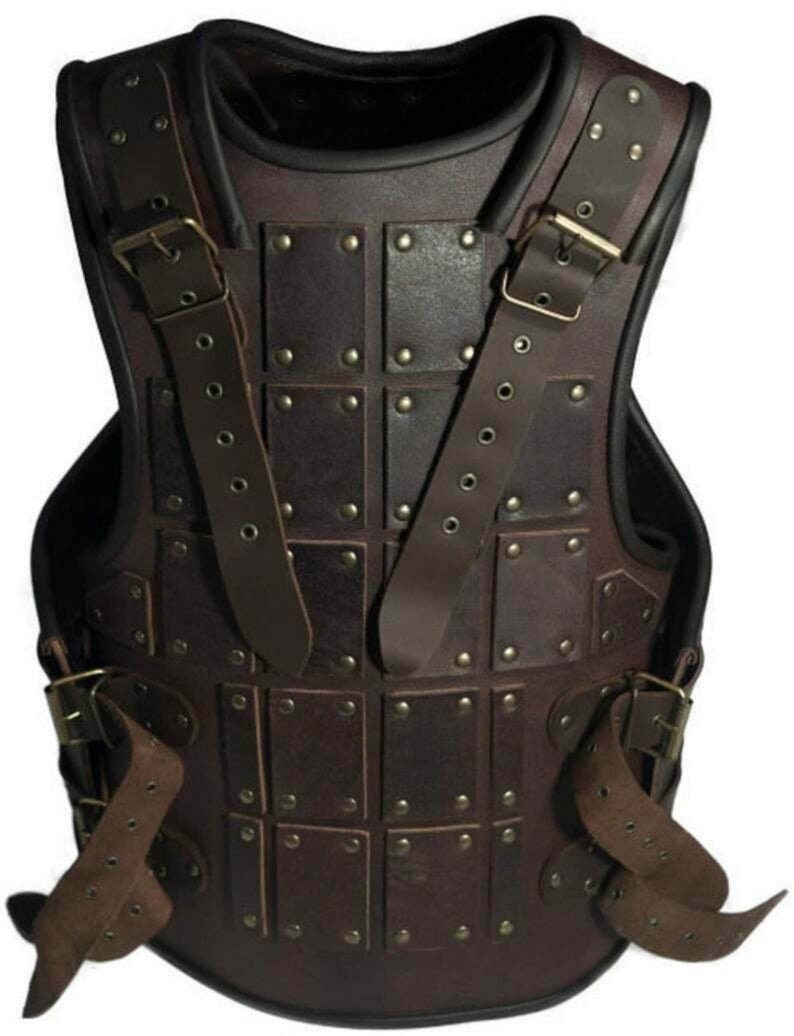 May include: A brown leather armour vest with metal rivets and straps. The vest has a square pattern and is secured with buckles.
