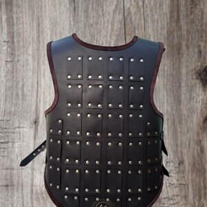May include: A brown leather vest with a decorative pattern of metal studs. The vest has a strap on each side and a logo on the back.