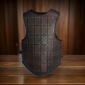 May include: A brown leather vest with a decorative pattern of metal studs. The vest is sleeveless and has a pointed bottom.