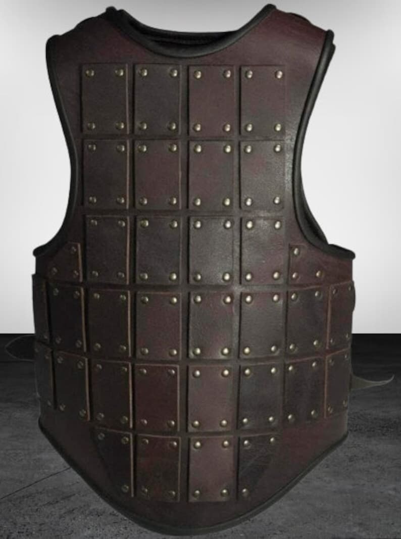 May include: A brown leather vest with a grid pattern of square leather plates, each secured with metal rivets.