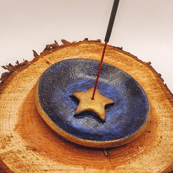 Incense Holder | Handmade Blue & Gold Speckled Star Dish | Clay Joss Stick Holder  | Celestial Gift For Her | UK