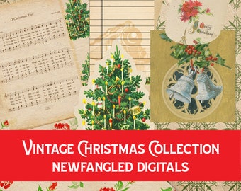 May include: A collage of vintage Christmas ephemera. Includes sheet music, a library card with "The Polar Express" title, and various Christmas-themed illustrations. A red banner at the bottom reads "Vintage Christmas Collection Newfangled Digitals."