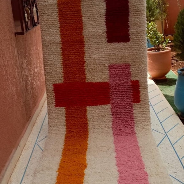 Handgewebter Marokkanischer Teppich Läufer: Berber Geometrisches Design