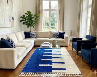 Blue white Moroccan Rug – Modern Wool Berber Carpet with Geometric Pattern