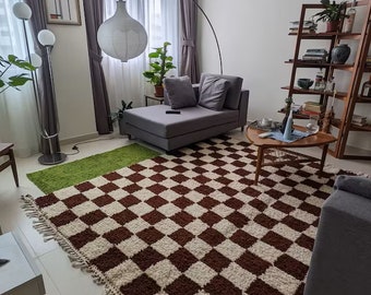 Checkered Moroccan Rug Brown Cream Handmade Wool Scandinavian Minimalist