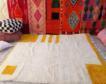 Handmade Beni Ourain Berber Rug: White and Yellow Moroccan Carpet