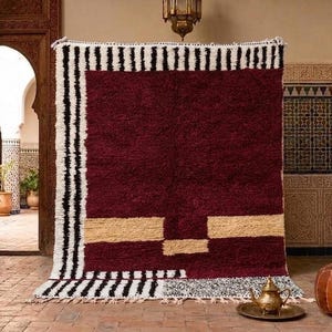 Marokkaans wollen handgemaakt bordeauxrood geometrisch tapijt 8x10 9x12 modern Berber tapijt