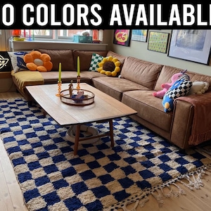 Alfombra marroquí de cuadros hecha a mano de lana: cuadros naranjas, verdes y amarillos