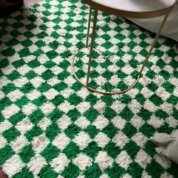 Checkered Moroccan rug /  Beni ourain Berber rug / Handmade Checkboard Rug / Shaggy green and white rug