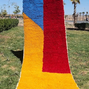 May include: A long, rectangular rug with a geometric design in shades of blue, red, and yellow. The rug has a fringe border.