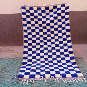 Checkered berber rug, blue checkerboard carpets for living room, handmade handknotted berber rugs and carpets
