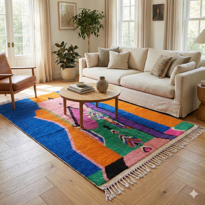 May include: A colorful area rug with a vibrant geometric design. The rug features a bold combination of blue, orange, pink, green, and purple hues. It has a fringed edge and is placed in a living room setting with a sofa and coffee table.