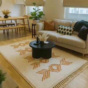 K&ouml;nnte beinhalten: Wohnzimmer mit cremefarbenem Sofa, schwarzem Couchtisch und gemustertem Teppich. Der Teppich hat einen cremefarbenen Hintergrund mit orangefarbenen geometrischen Designs und einem Fransenrand. Holzfu&szlig;boden.
