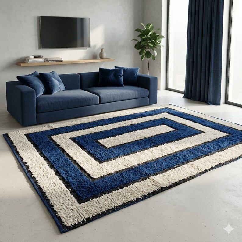 Moro Con Rugs Pattern Moroccan Wool Handmade Rug 8x10 9x12 Navy Blue Ivory Geometric - Etsy UK
