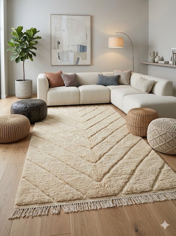 Moroccan Wool Rug 8x10 9x12 Ivory  Handmade Rug Beni Ourain Shag Area Carpet Soft