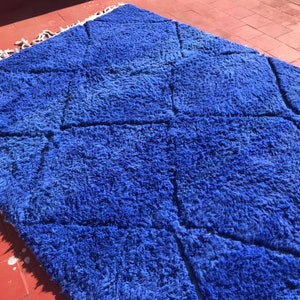 Blue rug, shaggy moroccan wool rug, dark blue handmade carpet, handknotted carpet for living room