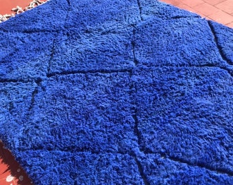 Blue Shaggy Moroccan Wool Rug: Handknotted Berber Carpet