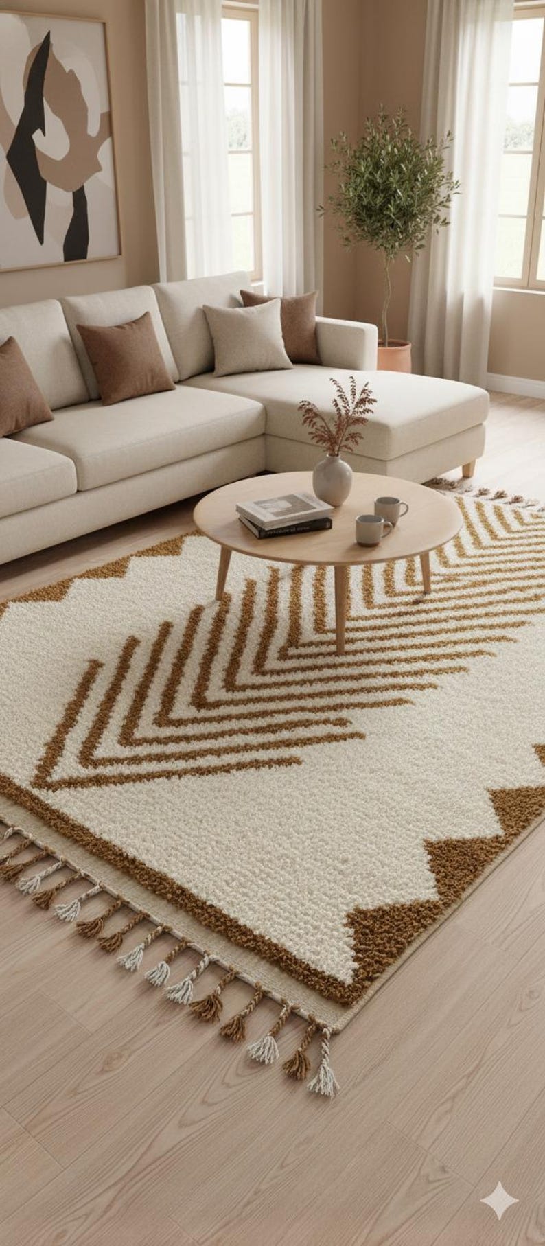K&ouml;nnte beinhalten: Ein cremefarbener Teppich mit einem geometrischen Muster in Braunt&ouml;nen. Der Teppich hat eine strukturierte Oberfl&auml;che und ist mit Quasten an den R&auml;ndern versehen. Der Teppich befindet sich in einem Wohnzimmer.
