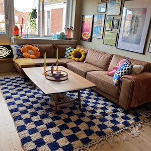 Handmade Checkered Moroccan Rug: Blue Squares, Custom Size
