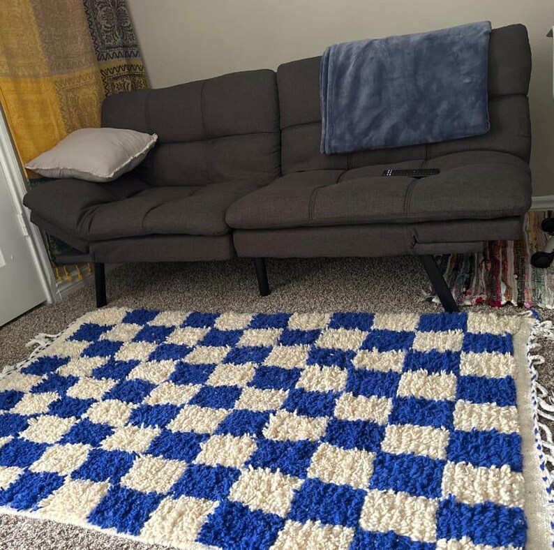 Blue Checked Rug Handmade Checkered Moroccan Rug: Blue Squares, Custom Size - Etsy