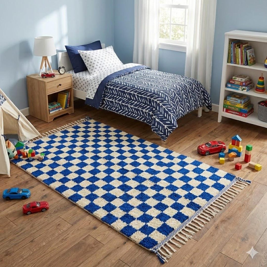 Blue Checked Rug Handmade Blue Checkered Berber Rug: Handknotted Wool Carpet - Etsy