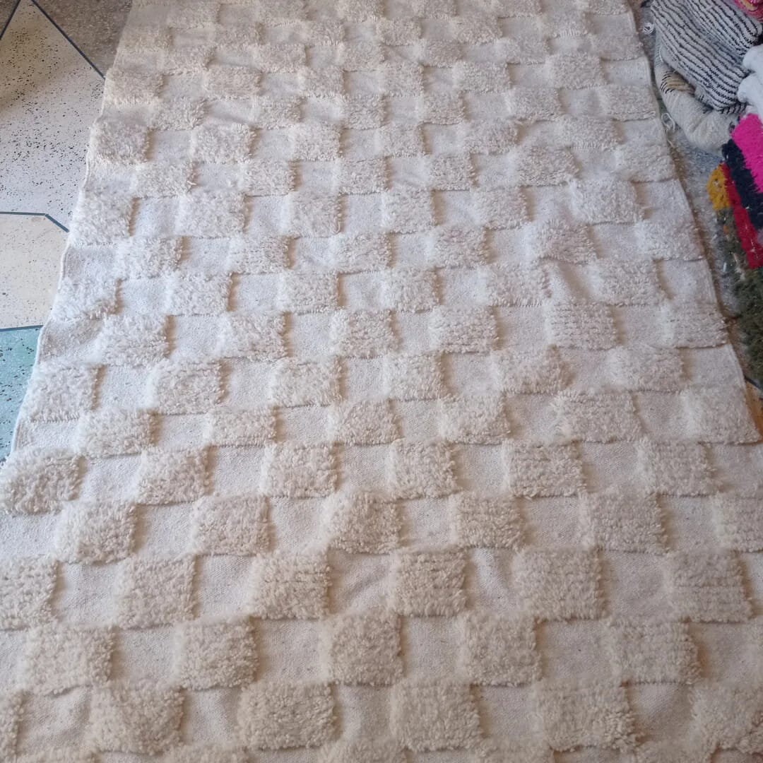Wool Checkered Rug Handmade Checkered Wool Rug: Moroccan White Area Rug - Etsy