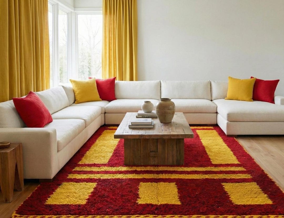Red Yellow Rugs Red Yellow Geometric Rug 5x8, 6x9, 8x10 – Handmade Wool Modern Area Rug ...