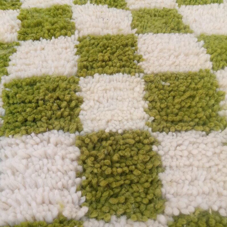 Checkered Moroccan Rug Handmade White and Olive Green Checks Etsy