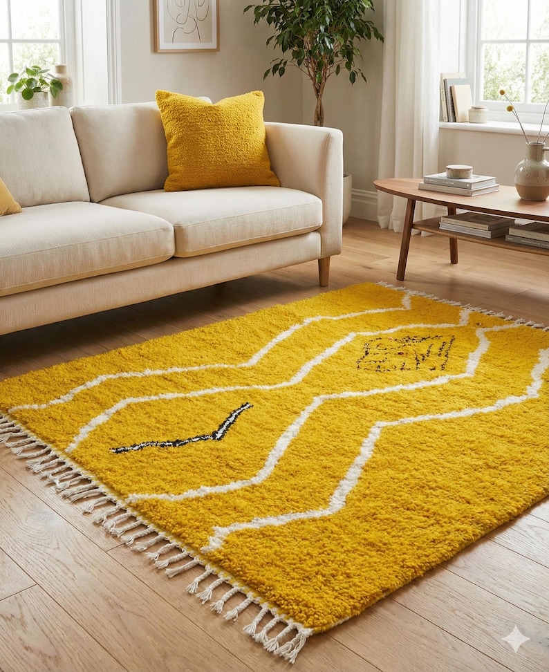 Bright Yellow Rug Mustard Yellow Moroccan Rug 5x8 – Handmade Wool Geometric Line Design ...
