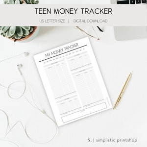 May include: A printable money tracker for teens, with sections for money earned, money spent, and savings. The tracker is designed for a US letter size paper and is a digital download.