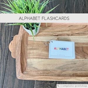 Puede incluir: Un juego de tarjetas de memoria del alfabeto con un alfabeto de colores arcoíris sobre un fondo blanco. Las tarjetas de memoria están en una bandeja de madera con una pequeña planta en maceta en el fondo.