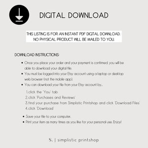 Puede incluir: Instrucciones de descarga digital para un archivo PDF. Las instrucciones explican c&oacute;mo descargar el archivo desde Etsy despu&eacute;s de la compra. El texto incluye la frase "Simplistic Printshop".