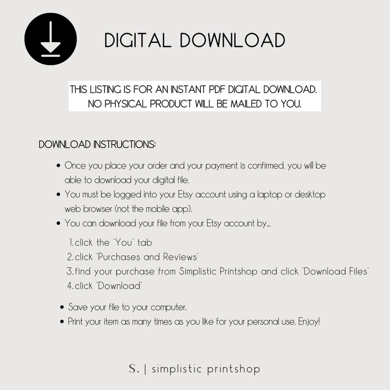 Puede incluir: Instrucciones de descarga digital para un archivo PDF. Las instrucciones explican c&oacute;mo descargar el archivo desde Etsy despu&eacute;s de la compra. El texto incluye la frase "Simplistic Printshop".