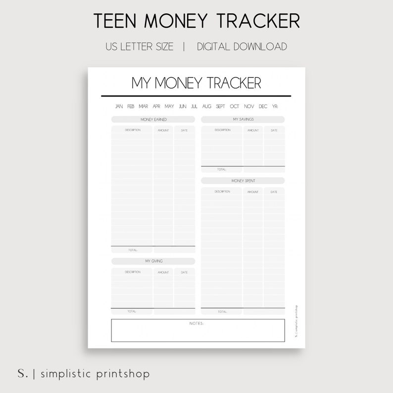 Puede incluir: Un rastreador de presupuesto imprimible en blanco y negro para adolescentes. El rastreador incluye secciones para el dinero ganado, el dinero gastado, los ahorros y el dinero adeudado. Los meses del a&ntilde;o est&aacute;n listados en la parte superior de la p&aacute;gina.