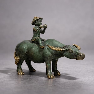 Antique Bronze Child Water Buffalo Figurine | Green Patina Asian Sculpture image 1