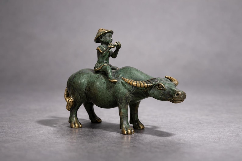 Antique Bronze Child Water Buffalo Figurine | Green Patina Asian Sculpture image 1