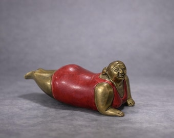 Vintage Brass Red Enamel Curvy Lady Figurine – Folk Art Sculpture, Collectible Statue