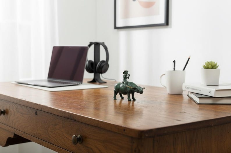 Antique Bronze Child Water Buffalo Figurine | Green Patina Asian Sculpture image 4