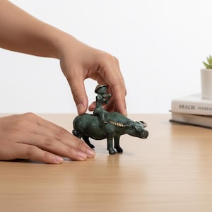 Antique Bronze Child Water Buffalo Figurine | Green Patina Asian Sculpture image 2