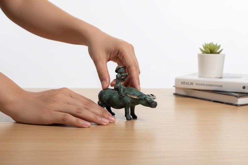 Antique Bronze Child Water Buffalo Figurine | Green Patina Asian Sculpture image 2
