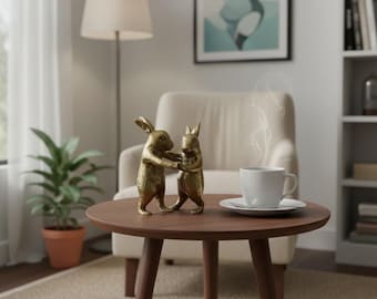 Vintage Brass Dancing Rabbit Couple Figurine – Romantic Animal Sculpture, Patina Detail