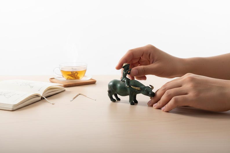 Antique Bronze Child Water Buffalo Figurine | Green Patina Asian Sculpture image 5