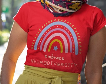 Embrace Neurodiversity Rainbow Camiseta de manga corta para mujeres, Autism Support, Autism Acceptance