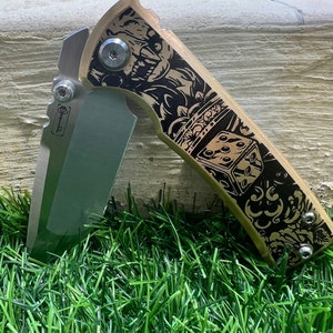 Death Gambling Brass Scales Chemical Etched • Unique Knife Scales • Enhance Your Spyderco Knife, Chaves Knife, Hinderer, Victorinox