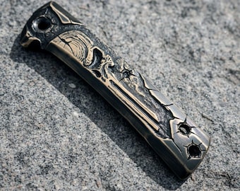 Hand Carved Brass "Punisher" Knife Scales for Chaves Redencion 229