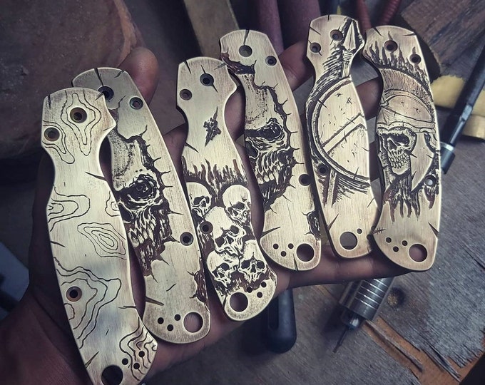 Featured listing image: Every Day Carry • Custom Handmade Spyderco Scales • Solid Brass, SPYDERCO, PM 2, PARAMILITARY 3, Manix 2, Emerson Knife